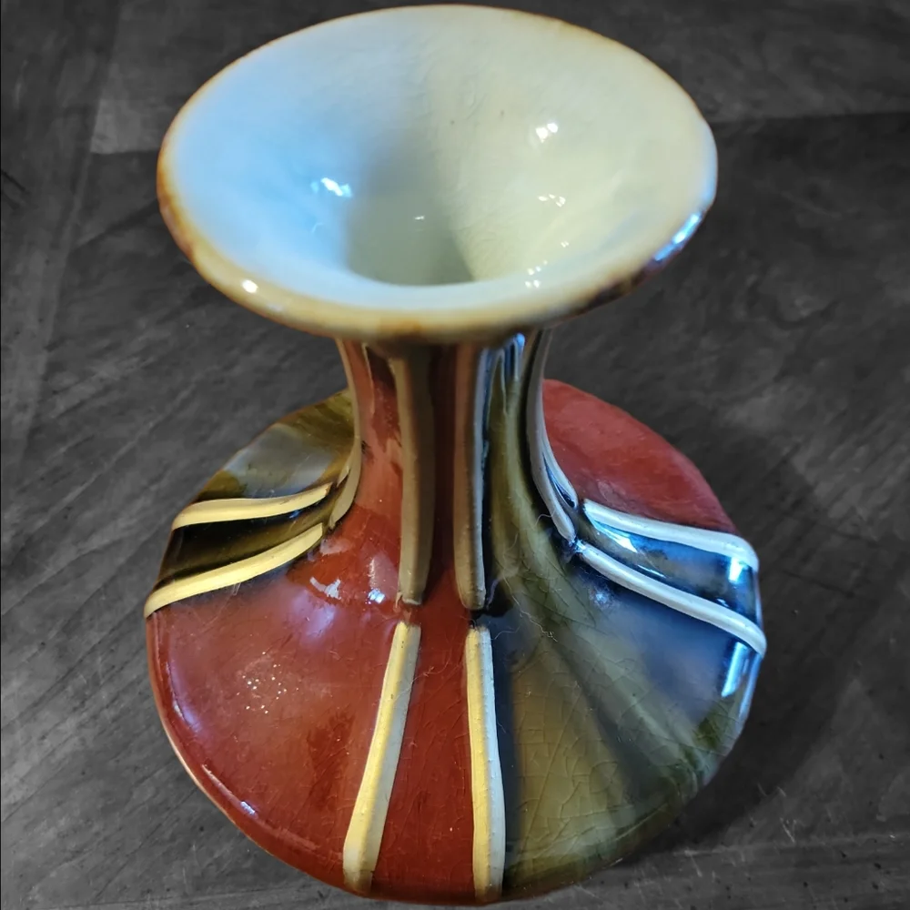HOST PICK 🙂 Vtg Mid Century Art Deco Jeanie Wide Belly Vase Green Gold Burgundy